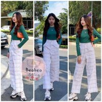 [Ảnh thật] Set áo thun xanh tay dài kèm quần suông kẻ sọc pastel ulzzang