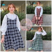 [Ảnh thật] Set áo trắng tay bo phồng kèm đầm yếm 2 dây caro ulzzang