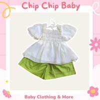 [Ảnh thật] Set Bộ Áo Peplum Smock Và Quần Short Ống Rộng Tone Màu Xanh Bơ MELISA Cho Bé Gái Size 18/24m - 10/11y