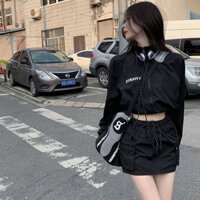 [Ảnh Thật] Set Bộ Nữ Áo Khoác Đen Tay Dài Và Váy Đen Có Lớp Lót Dây Rút Hong Kong Hot Girl Diamondcloset Order