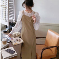 [Ảnh Thật]: Set Váy Yếm 2 Dây Chất Kaki  Hai Da Mix Áo Tơ  [LOLLA_YE_FASHION]