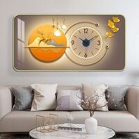 (ẢNH THẬT) Tranh đồng hồ tráng gương treo tường hươu vàng và lá rẻ quạt tranh hiện đại