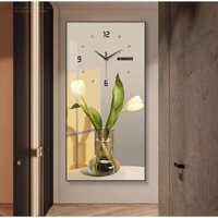 (ẢNH THẬT) Tranh đồng hồ treo tường bình hoa tulip trắng bo viền kèm đinh treo