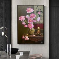 [Ảnh Thật] Tranh hoa sen chữ Bình An, Tranh thư pháp Bình An nghệ thuật giả sơn dầu, Tranh hoa sen tone ấm decor tường