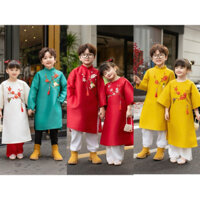 (Ảnh thật tự chụp) Áo dài bé trai bé gái Ý Xuân kết ruy băng 3 màu chào tết 2025