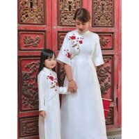 (Ảnh thật tự chụp) Áo dài mẹ bé thêu ruy băng vải tafta Pháp cao cấp - áo dài Tết 2025