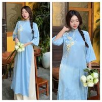 (Ảnh thật tự chụp) Áo dài Minh Châu xanh gấm suông thêu ruy băng nhẹ nhàng - mềm mại nữ tính