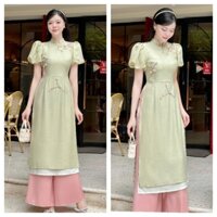 (Ảnh thật tự chụp) Áo dài Ngọc Đào xanh ngọc đính hoa đào vải tơ crep cao cấp - diện tết siêu xinh