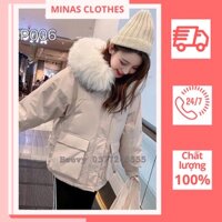 [Ảnh thật tự chụp]Áo khoá kaki mũ lông màu trắng kem nhạt