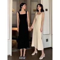 (Ảnh thật) Váy len 2 dây bản to cổ vuông dáng dài xoè nhẹ hoạ tiết xương cá lạ mắt xinh xắn thu đông 2020