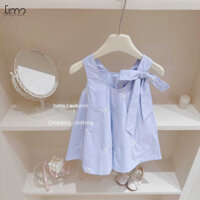 [Ảnh thật] Váy màu xanh pastel mix nơ lệch vai basic cho bé