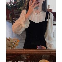 [ẢNH THẬT] VÁY NHUNG 2 DÂY NƠ VAI PHỐI ÁO PHA REN DÀI TAY QC LOẠI 1