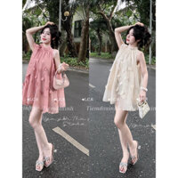 [ẢNH THẬT] Váy tơ óng cổ yếm buộc nơ cổ from xoè sang chảnh