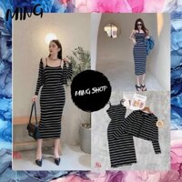 [Ảnh thật+Video]  Váy Dài Kẻ Sọc Đen Trắng Kèm Áo Khoác Chất Thun Ming Shop