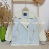 {Ảnh thật /video/hàng sẵn}/Áo khoác da lộn lót lông nữ, tay phối lông thỏ siêu mịn màu xanh dáng hàn siêu ấm