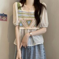[Ảnh Thật]Áo kiểu Hàn Quốc thêu phối len phong cách, dễ phối đồ với quần jean  và chân váy, đi chơi đi tiệc đều đẹp