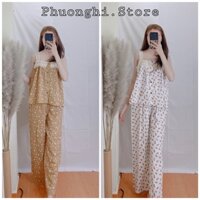 (Ảnh Thật)Bộ Hoa Nhí, Set Áo Hai Dây, Quần Ống Sớ Đũi Vintage