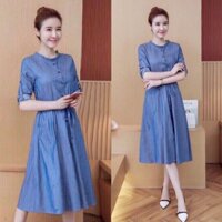 [Ảnh thật]🍒Đầm jean denim cổ tròn bèo eo rút dây S.MLXL