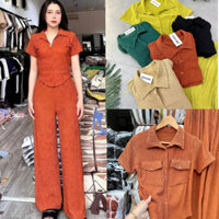 (ẢNH THÂT).Đồ bộ nữ, set bộ quần ống rộng đai cao có túi, áo sơ mi ôm ngắn tay lai bầu có nút vải thun gân xốp loại 1