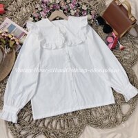 [Ảnh thật/hàng sẵn]Áo sơ mi trắng cổ tiểu thư phối bèo dáng suông tay bồng hàng loại đẹp