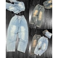 (ẢNH THẬT)QUẦN BAGGY JEAN NỮ  XANH NGÃ VÀNG MÀI ĐÙI WASH MÀU LƯNG CHUN KÈM DÂY RÚT , RÁCH KIỂU 2 BÊN THỜI TRANG CÁ TÍNH