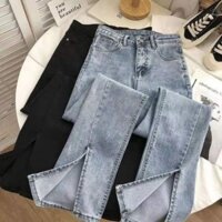 [Ảnh thật]Quần Jeans ống loe lỡ xẻ gấu cạp cao siêu tôn dáng