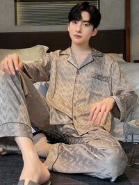 [Ảnh thật/Video] Băng Bộ Đồ Ngủ Lụa Xuân Thu Bộ Đồ Ngủ Nam Tay Dài Dài Quần Áo Cardigan Lụa Mỏng Th