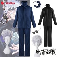 Anime Jujutsu Kaisen Gojo Satoru Trang Phục Hóa Trang Cho Người Lớn Nam Màu Xanh Đen Quần Tóc Giả Miếng Dán Mắt Kính Vòng Cổ Nhẫn Phù Hợp Với Nữ Ninja Đồng Phục Đảng Trọn Bộ