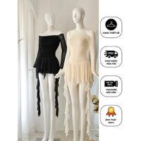 ANIMO FASHION - Đầm trễ vai lưới tay dài tua rua siêu xinh