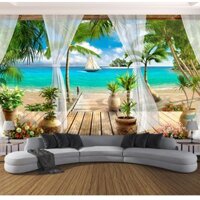 Annagood Tùy Chỉnh 3D Ảnh Giấy Dán Tường Ban Công Bãi Biển Cát Nhìn Biển 3D Phòng Khách Sofa Phòng Ngủ Tivi Nền Tường Bức Tranh Tường Giấy Dán Tường Trang Trí Nhà