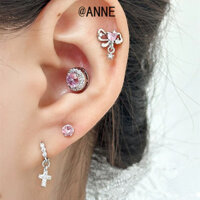 [Anne] Bông tai đính đá Zircon trong suốt Bông tai đính kim cương đầy đủ Bông tai đính ren Khóa xoay Bông tai phù hợp