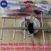 Anten Mặt Đất DVB-T2 (Nhôm Dày), Cuộn Cáp Xịn K+ UNISAT Bấm Sẵn 2 Jack Nén