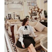 ANU346 - ÁO SƠ MI NỮ TRẮNG CỔ XẾP ĐÍNH NƠ ĐEN