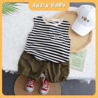 Anzin baby set ba lỗ bé trai bộ đồ áo sọc không tay quần lửng bo chun mới 2025