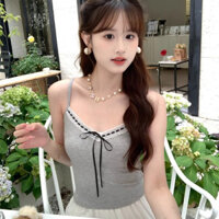 Áo 2 dây Áo ba lỗ nữ Áo body Phong Cách Ngọt Ngào Ren Viền Nơ Nữ Mùa Hè 2024 Pure Desire Slim-fit Slimmer Nhìn Ngắn Top