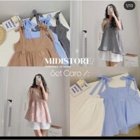 Áo 2 dây babydoll caro, quần short nữ màu trắng, SQ002 sét bộ đồ nữ đi chơi thời trang hàn quốc DAMIANSTORE123