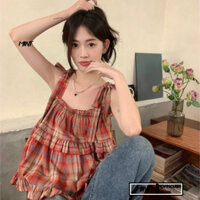 Áo 2 dây babydoll thắt nơ MINT kiểu bèo tầng, họa tiết caro xinh xắn