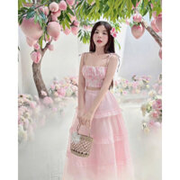 Áo 2 dây in hoa kèm chân váy bèo 4 tầng có lót dịu dàng nữ tính