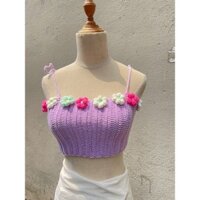 Áo 2 dây len móc handmade BÔNG HOA 5 CÁNH  đi biển, hoa xinh, áo crotop len hoa LM07