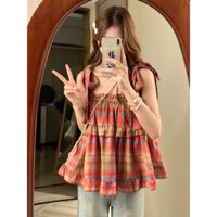 áo 2s 2 dây nơ vai kẻ đỏ (122#)