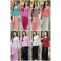 Áo bà ba dài gấm 2 da, quần lụa latin nút bọc