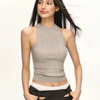 Áo ba lỗ đeo cổ không tay dệt kim cảm giác thiết kế cổ điển kiểu Mỹ Ariseism Áo MặC Ngoài mẫu mới mùa hè cho nữ áo giáp phối nhung AAOO