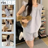 Áo Ba Lỗ Kẻ Sọc Phong Cách Hàn Quốc Bộ đồ mùa hè tay bay đồ mặc nhà quần short nữ FDS không tay ngọt ngào đồ ngủ kiểu mỏng Instagram