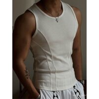 Áo ba lỗ nam ôm dáng mùa hè sọc dọc bó sát co giãn khâu tập thể hình cổ tròn không tay áo ba lỗ không tay