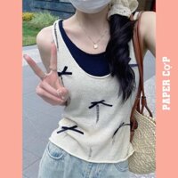 Áo ba lỗ nữ chất len dệt kim kèm áo lót trong PAPERCOP họa tiết đính nơ phong cách Hàn Quốc . Hàng chuẩn QC .