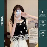 Áo ba lỗ nữ croptop , Áo ba lỗ nữ chất len đan họa tiết thêu hoa điệu đà dễ thương hàng Quảng châu có sẵn
