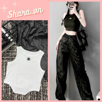 Áo ba lỗ tăm thêu chữ ngực dáng croptop khoét eo sexy, áo thun ba lỗ croptop sát nách khoét eo siêu xinh Shara SR803 KT