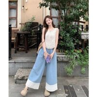 Áo Ba Lỗ Tua Rua Cảm Giác Thiết Kế Phong Cách Hàn Quốc Quần Jean Ống Rộng Khâu Ren Cho Nữ Bộ Hai Chiếc Mùa Hè