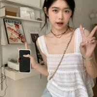 Áo baby doll trắng ren kiểu Pháp, quần áo nữ mùa hè 2023 thiết kế mới cảm giác thích hợp áo yếm rộng và mỏng