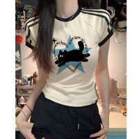 Áo baby tee Áo ôm body Áo thun tay ngắn kẻ sọc in họa tiết mèo